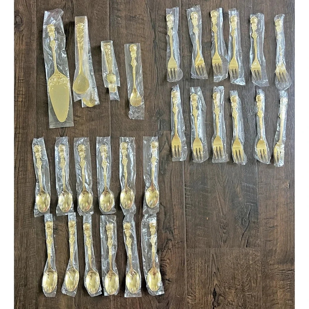 Vintage Gold Plated Romantic Rose Dessert Flatware Set 28 Pc EP SS Japan NOS